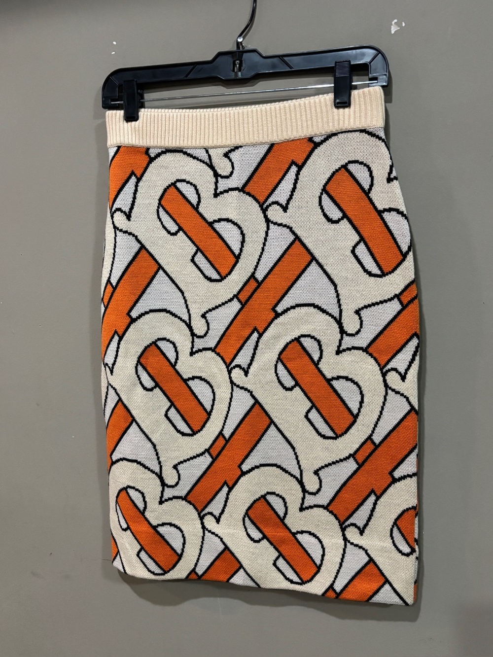 Burberry Beige Orange Logo Jacquard Wool Midi Skirt Women’s M